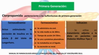 Primera Generación:
Farmacodinamia:
Actua estimulando la
secreción de insulina en la
celula β del islote de
Langerhans.
Farmacocinetica:
a) Se administra via oral.
b) Su vida media es de 36hrs.
c) Tiempo de acción 24-72hrs.
d) Se une a proteínas plasmáticas.
e) Se metaboliza en el hígado.
f) Su excreción es renal.
Indicacion:
Se utiliza en
tratamiento adjunto a la
dieta en pacientes con
Diabetes Mellitus Tipo 2
Clorpropamida: perteneciente a las Sulfonilureas de primera generación
MANUAL DE FARMACOLOGÍA BÁSICA Y CLÍNICA/AUTOR: MC GRAW HILL/6° EDICIÓN/AÑO 2013.
 