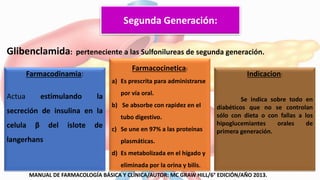Segunda Generación:
Farmacodinamia:
Actua estimulando la
secreción de insulina en la
celula β del islote de
langerhans
Farmacocinetica:
a) Es prescrita para administrarse
por vía oral.
b) Se absorbe con rapidez en el
tubo digestivo.
c) Se une en 97% a las proteínas
plasmáticas.
d) Es metabolizada en el hígado y
eliminada por la orina y bilis.
Indicacion:
Se indica sobre todo en
diabéticos que no se controlan
sólo con dieta o con fallas a los
hipoglucemiantes orales de
primera generación.
Glibenclamida: perteneciente a las Sulfonilureas de segunda generación.
MANUAL DE FARMACOLOGÍA BÁSICA Y CLÍNICA/AUTOR: MC GRAW HILL/6° EDICIÓN/AÑO 2013.
 