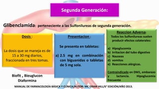 Segunda Generación:
Glibenclamida: perteneciente a las Sulfonilureas de segunda generación.
Dosis :
La dosis que se maneja es de
15 a 30 mg diarios,
fraccionada en tres tomas.
Presentacion :
Se presenta en tabletas:
a) 2.5 mg en combinación
con biguanidas o tabletas
de 5 mg sola.
Reaccion Adversa:
Todos los Sulfonilureas suelen
producir efectos colaterales:
a) Hipoglucemia
b) Irritacion del tubo digestivo
c) Nauseas
d) vomitos
e) Reacciones alérgicas.
Contraindicado en DM1, embarazo
y lactancia. Hipoglucemia
frecuente
MANUAL DE FARMACOLOGÍA BÁSICA Y CLÍNICA/AUTOR: MC GRAW HILL/6° EDICIÓN/AÑO 2013.
Biofit , Bieuglucon
Diaformina
 