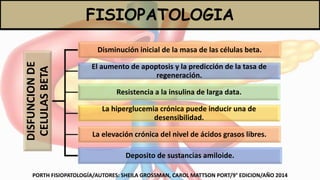 PORTH FISIOPATOLOGÍA/AUTORES: SHEILA GROSSMAN, CAROL MATTSON PORT/9° EDICION/AÑO 2014
DISFUNCIONDE
CELULASBETA Disminución inicial de la masa de las células beta.
El aumento de apoptosis y la predicción de la tasa de
regeneración.
Resistencia a la insulina de larga data.
La hiperglucemia crónica puede inducir una de
desensibilidad.
La elevación crónica del nivel de ácidos grasos libres.
Deposito de sustancias amiloide.
FISIOPATOLOGIA
 