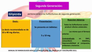 Segunda Generación:
perteneciente a las Sulfonilureas de segunda generación.
Dosis :
La dosis recomendada es de
10 a 40 mg diarios.
Presentacion :
Se presenta en tabletas:
5 y 10 mg.
Reaccion Adversa:
Todos los Sulfonilureas suelen
producir efectos colaterales:
Las misma que el fármaco
anterior.
Contraindicado en DM1,
cetoacidosis diabética,
hipersensibilidad al compuesto,
embarazo y lactancia.
Glipizida
MANUAL DE FARMACOLOGÍA BÁSICA Y CLÍNICA/AUTOR: MC GRAW HILL/6° EDICIÓN/AÑO 2013.
 