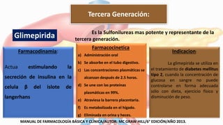 Tercera Generación:
Farmacodinamia:
Actua estimulando la
secreción de insulina en la
celula β del islote de
langerhans
Farmacocinetica:
a) Administración oral
b) Se absorbe en el tubo digestivo.
c) Las concentraciones plasmáticas se
alcanzan después de 2.5 horas.
d) Se une con las proteínas
plasmáticas en 99%.
e) Atraviesa la barrera placentaria.
f) Es metabolizada en el hígado.
g) Eliminada en orina y heces.
Indicacion:
La glimepirida se utiliza en
el tratamiento de diabetes mellitus
tipo 2, cuando la concentración de
glucosa en sangre no puede
controlarse en forma adecuada
sólo con dieta, ejercicio físico y
disminución de peso.
Es la Sulfonilureas mas potente y representante de la
tercera generación.Glimepirida
MANUAL DE FARMACOLOGÍA BÁSICA Y CLÍNICA/AUTOR: MC GRAW HILL/6° EDICIÓN/AÑO 2013.
 