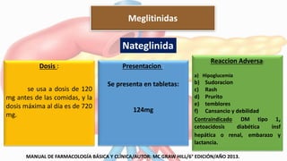 Dosis :
se usa a dosis de 120
mg antes de las comidas, y la
dosis máxima al día es de 720
mg.
Presentacion :
Se presenta en tabletas:
124mg
Reaccion Adversa:
a) Hipoglucemia
b) Sudoracion
c) Rash
d) Prurito
e) temblores
f) Cansancio y debilidad
Contraindicado DM tipo 1,
cetoacidosis diabética insf
hepática o renal, embarazo y
lactancia.
Nateglinida
Meglitinidas
MANUAL DE FARMACOLOGÍA BÁSICA Y CLÍNICA/AUTOR: MC GRAW HILL/6° EDICIÓN/AÑO 2013.
 
