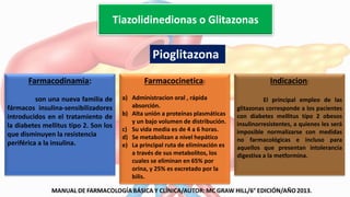 Farmacodinamia:
son una nueva familia de
fármacos insulina-sensibilizadores
introducidos en el tratamiento de
la diabetes mellitus tipo 2. Son los
que disminuyen la resistencia
periférica a la insulina.
Farmacocinetica:
a) Administracion oral , rápida
absorción.
b) Alta unión a proteínas plasmáticas
y un bajo volumen de distribución.
c) Su vida media es de 4 a 6 horas.
d) Se metabolizan a nivel hepático
e) La principal ruta de eliminación es
a través de sus metabolitos, los
cuales se eliminan en 65% por
orina, y 25% es excretado por la
bilis.
Indicacion:
El principal empleo de las
glitazonas corresponde a los pacientes
con diabetes mellitus tipo 2 obesos
insulinorresistentes, a quienes les será
imposible normalizarse con medidas
no farmacológicas e incluso para
aquellos que presentan intolerancia
digestiva a la metformina.
Pioglitazona
Tiazolidinedionas o Glitazonas
 