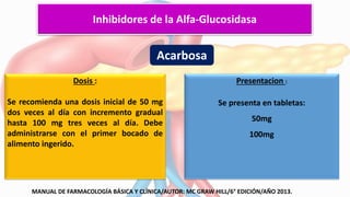 Dosis :
Se recomienda una dosis inicial de 50 mg
dos veces al día con incremento gradual
hasta 100 mg tres veces al día. Debe
administrarse con el primer bocado de
alimento ingerido.
Presentacion :
Se presenta en tabletas:
50mg
100mg
Acarbosa
Inhibidores de la Alfa-Glucosidasa
MANUAL DE FARMACOLOGÍA BÁSICA Y CLÍNICA/AUTOR: MC GRAW HILL/6° EDICIÓN/AÑO 2013.
 