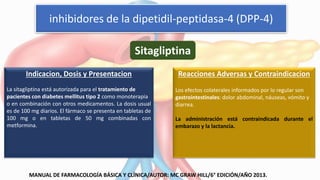 inhibidores de la dipetidil-peptidasa-4 (DPP-4)
Indicacion, Dosis y Presentacion
La sitagliptina está autorizada para el tratamiento de
pacientes con diabetes mellitus tipo 2 como monoterapia
o en combinación con otros medicamentos. La dosis usual
es de 100 mg diarios. El fármaco se presenta en tabletas de
100 mg o en tabletas de 50 mg combinadas con
metformina.
Sitagliptina
Reacciones Adversas y Contraindicacion
Los efectos colaterales informados por lo regular son
gastrointestinales: dolor abdominal, náuseas, vómito y
diarrea.
La administración está contraindicada durante el
embarazo y la lactancia.
MANUAL DE FARMACOLOGÍA BÁSICA Y CLÍNICA/AUTOR: MC GRAW HILL/6° EDICIÓN/AÑO 2013.
 