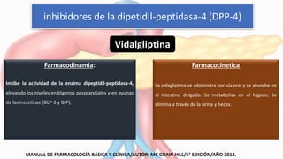 inhibidores de la dipetidil-peptidasa-4 (DPP-4)
Farmacodinamia:
Inhibe la actividad de la enzima dipeptidil-peptidasa-4,
elevando los niveles endógenos posprandiales y en ayunas
de las incretinas (GLP-1 y GIP).
Farmacocinetica
La vidagliptina se administra por vía oral y se absorbe en
el intestino delgado. Se metaboliza en el hígado. Se
elimina a través de la orina y heces.
MANUAL DE FARMACOLOGÍA BÁSICA Y CLÍNICA/AUTOR: MC GRAW HILL/6° EDICIÓN/AÑO 2013.
Vidalgliptina
 