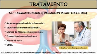 TRATAMIENTO
NO FARMACOLOGICO (EDUCACION DIABETOLOGICA).
GUIA DE PRACTICA CLÍNICA NACIONAL SOBRE PREVENCIÓN, DIAGNOSTICO Y TRATAMIENTO DE DIABETES MELLITUS TIPO 2/ARGENTINA 2016.
 Aspectos generales de la enfermedad.
 Educación alimentaria nutricional.
 Manejo de hipoglucemiantes orales.
 Prevención de complicaciones.
 Actividad física.
 Otros.
http://www.medicosypacientes.com
 