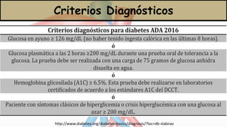 Criterios Diagnósticos
http://www.diabetes.org/diabetes-basics/diagnosis/?loc=db-slabnav
 