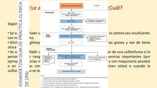 ¿Le añadiríamos un 2º fármaco? ¿Cuál?
Según la GPC:
• Se sugiere añadir una sulfonilurea como doble terapia cuando el control sea insuficiente
con metformina.
• Gliclazida y glimepirida tienen menor riesgo de hipoglucemias graves y son de toma
única diaria.
• Se sugiere añadir un inhibidor de DPP-4 o pioglitazona en lugar de una sulfonilurea si la
persona tiene riesgo de padecer hipoglucemia con consecuencias importantes (por
ejemplo, personas mayores, pacientes que trabajan en alturas o con maquinaria pesada)
o en personas con determinadas circunstancias sociales (viven solos) o cuando la
sulfonilurea no se tolera o está contraindicada.
 