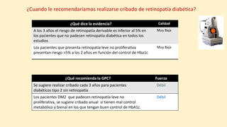 ¿Qué dice la evidencia? Calidad
A los 3 años el riesgo de retinopatía derivable es inferior al 5% en
los pacientes que no padecen retinopatía diabética en todos los
estudios
Muy Baja
Los pacientes que presenta retinopatía leve no proliferativa
presentan riesgo >5% a los 2 años en función del control de Hba1c
Muy Baja
¿Qué recomienda la GPC? Fuerza
Se sugiere realizar cribado cada 3 años para pacientes
diabéticos tipo 2 sin retinopatía
Débil
Los pacientes DM2 que padecen retinopatía leve no
proliferativa, se sugiere cribado anual si tienen mal control
metabólico y bienal en los que tengan buen control de HbA1c.
Débil
¿Cuando le recomendaríamos realizarse cribado de retinopatía diabética?
 