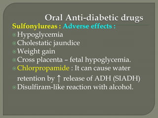 Sulfonylureas : Adverse effects :
Hypoglycemia
Cholestatic jaundice
Weight gain
Cross placenta – fetal hypoglycemia.
Chlorpropamide : It can cause water
retention by ↑ release of ADH (SIADH)
Disulfiram-like reaction with alcohol.
 