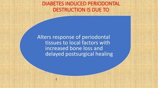 DIABETES INDUCED PERIODONTAL
DESTRUCTION IS DUE TO
Alters response of periodontal
tissues to local factors with
increased bone loss and
delayed postsurgical healing
 