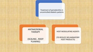 Treatment of periodontitis in
uncontrolled diabetic patients
ANTIMICROBIAL
THERAPY
(SCALING , ROOT
PLANING)
HOST MODULATING AGENTS
(TO REDUCE INFLAMMATORY
HOST PRODUCTS)
 