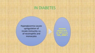 IN DIABETES
Hyperglycemia causes
upregulation of
innate immunity i.e.
of neutrophils and
monocytes
Increase
release of IL-
β, TNF-⍺, IL-6,
PGE2, MMP’s
 