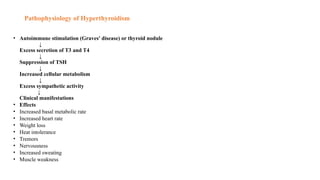 Pathophysiology of Hyperthyroidism
• Autoimmune stimulation (Graves' disease) or thyroid nodule
↓
Excess secretion of T3 and T4
↓
Suppression of TSH
↓
Increased cellular metabolism
↓
Excess sympathetic activity
↓
Clinical manifestations
• Effects
• Increased basal metabolic rate
• Increased heart rate
• Weight loss
• Heat intolerance
• Tremors
• Nervousness
• Increased sweating
• Muscle weakness
 
