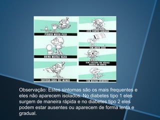 Observação: Estes sintomas são os mais frequentes e
eles não aparecem isolados. No diabetes tipo 1 eles
surgem de maneira rápida e no diabetes tipo 2 eles
podem estar ausentes ou aparecem de forma lenta e
gradual.
 