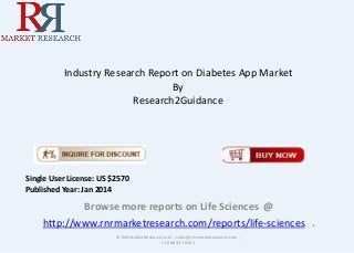 Industry Research Report on Diabetes App Market
By
Research2Guidance
Browse more reports on Life Sciences @
http://www.rnrmarketresearch.com/reports/life-sciences .
© RnRMarketResearch.com ; sales@rnrmarketresearch.com ;
+1 888 391 5441
Single User License: US $2570
Published Year: Jan 2014
 