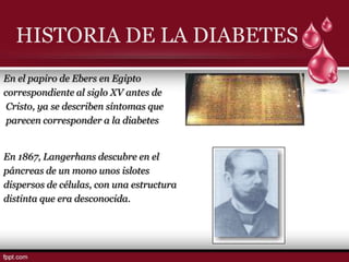 HISTORIA DE LA DIABETES
En el papiro de Ebers en Egipto
correspondiente al siglo XV antes de
 Cristo, ya se describen síntomas que
 parecen corresponder a la diabetes


En 1867, Langerhans descubre en el
páncreas de un mono unos islotes
dispersos de células, con una estructura
distinta que era desconocida.
 