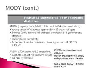 PNDM-permanent neonatal
diabetes.
DEND- Developmental delay,
epilepsy & neonatal diabetes.
Kir6.2 gene- KCNJ11 binding
site of KATP
 