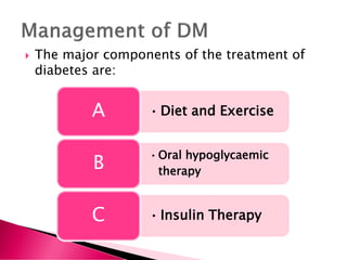  The major components of the treatment of
diabetes are:
• Diet and Exercise
A
•Oral hypoglycaemic
therapy
B
• Insulin Therapy
C
 