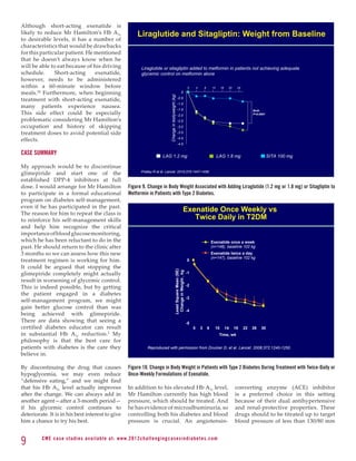 Although short-acting exenatide is
likely to reduce Mr Hamilton’s Hb A1c                              Liraglutide and Sitagliptin: Weight from Baseline
to desirable levels, it has a number of
characteristics that would be drawbacks
for this particular patient. He mentioned
that he doesn’t always know when he
will be able to eat because of his driving                           Liraglutide or sitagliptin added to metformin in patients not achieving adequate
schedule.      Short-acting     exenatide,                           glycemic control on metformin alone
however, needs to be administered
within a 60-minute window before                                                                                                       0        4       8       12     16    20    24

meals.28 Furthermore, when beginning                                                                                        0




                                                                                        Change in bodyweight (kg)
treatment with short-acting exenatide,                                                                              -0.5

many patients experience nausea.
                                                                                                                    -1.0
                                                                                                                    -1.5
This side effect could be especially
                                                                                                                                                                                             Both
                                                                                                                    -2.0                                                                     P0.0001

problematic considering Mr Hamilton’s                                                                               -2.5
occupation and history of skipping                                                                                  -3.0
treatment doses to avoid potential side                                                                             -3.5

effects.                                                                                                            -4.0
                                                                                                                    -4.5

CASE SUMMARY                                                                      LAG 1.2 mg                                                                         LAG 1.8 mg                         SITA 100 mg

My approach would be to discontinue
glimepiride and start one of the                                     Pratley R et al. Lancet. 2010;375:1447-1456.

established DPP-4 inhibitors at full
dose. I would arrange for Mr Hamilton                        Figure 9. Change in Body Weight Associated with Adding Liraglutide (1.2 mg or 1.8 mg) or Sitagliptin to
to participate in a formal educational                       Metformin in Patients with Type 2 Diabetes.
program on diabetes self-management,
even if he has participated in the past.
The reason for him to repeat the class is
                                                                                                                                 Exenatide Once Weekly vs
to reinforce his self-management skills                                                                                             Twice Daily in T2DM
and help him recognize the critical
importance of blood glucose monitoring,
which he has been reluctant to do in the                                                                                                                        Exenatide once a week
past. He should return to the clinic after                                                                                                                      (n=148), baseline 102 kg
3 months so we can assess how this new                                                                                                                          Exenatide twice a day
treatment regimen is working for him.
                                                                                                                                                                (n=147), baseline 102 kg
                                                                                                                                       0
It could be argued that stopping the
                                                                                                              Least Square Mean (SE)




glimepiride completely might actually
                                                                                                               Change in Weight , kg




                                                                                                                                       -1
result in worsening of glycemic control.
This is indeed possible, but by getting                                                                                                -2

the patient engaged in a diabetes
self-management program, we might
                                                                                                                                       -3

gain better glucose control than was
                                                                                                                                       -4
being achieved with glimepiride.
There are data showing that seeing a                                                                                                   -5
certified diabetes educator can result                                                                                                      0       3       6     10        14    18    22   26   30
in substantial Hb A1c reduction.2 My                                                                                                                                  Time, wk
philosophy is that the best care for
patients with diabetes is the care they                                  Reproduced with permission from Drucker D, et al. Lancet. 2008;372:1240-1250.
believe in.

By discontinuing the drug that causes                        Figure 10. Change in Body Weight in Patients with Type 2 Diabetes During Treatment with Twice-Daily or
hypoglycemia, we may even reduce                             Once-Weekly Formulations of Exenatide.
“defensive eating,” and we might find
that his Hb A1c level actually improves                      In addition to his elevated Hb A1c level,                                                                            converting enzyme (ACE) inhibitor
after the change. We can always add in                       Mr Hamilton currently has high blood                                                                                 is a preferred choice in this setting
another agent—after a 3-month period—                        pressure, which should be treated. And                                                                               because of their dual antihypertensive
if his glycemic control continues to                         he has evidence of microalbuminuria, so                                                                              and renal-protective properties. These
deteriorate. It is in his best interest to give              controlling both his diabetes and blood                                                                              drugs should to be titrated up to target
him a chance to try his best.                                pressure is crucial. An angiotensin-                                                                                 blood pressure of less than 130/80 mm


9        C M E c a se st u di es av ai l abl e at: w w w. 2012chall e n g i n g c a s e s i n d i a b e te s . c o m
 