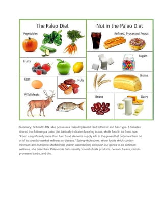 Summary: Schmidt LDN, who possesses Paleo Implanted Diet in Detroit and has Type-1 diabetes
shared that following a paleo diet basically indicates favoring actual, whole food in its finest type.
“Food is significantly more than fuel. Food elements supply info to the genes that becomes them on
or off to possibly market wellness or disease.” Eating wholesome, whole foods which contain
minimum anti-nutrients (which hinder vitamin assimilation) aids push our genes to aid optimum
wellness, she describes. Paleo style diets usually consist of milk products, cereals, beans, carrots,
processed carbs, and oils.
 