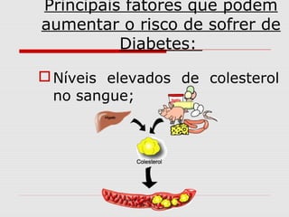 Principais fatores que podem
aumentar o risco de sofrer de
Diabetes:
 Níveis elevados de colesterol
no sangue;

 