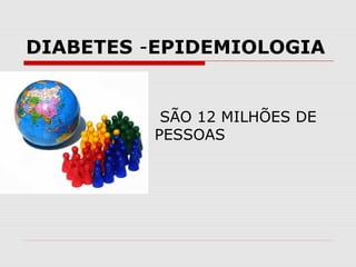 DIABETES -EPIDEMIOLOGIA

 SÃO 12 MILHÕES DE
PESSOAS

 
