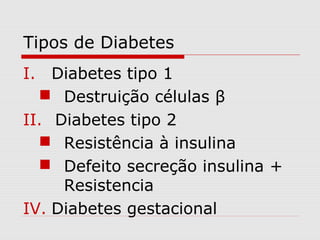 Tipos de Diabetes
I. Diabetes tipo 1
 Destruição células β
II. Diabetes tipo 2
 Resistência à insulina
 Defeito secreção insulina +
Resistencia
IV. Diabetes gestacional

 