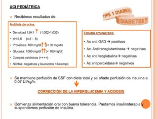 Análisis de orina:
• Densidad 1.041 (1.002-1.035)
• pH 5,5 (4,5 - 8)
• Proteínas: 100 mg/dL (< 30 mg/dl)
• Glucosa: 1000 mg/dl (< 100mg/dl)
• Cuerpos cetónicos (++++)
• Nitritos: negativos y leucocitos <3/campo
UCI PEDIÁTRICA
 Recibimos resultados de:
 Se mantiene perfusión de SSF con dieta total y se añade perfusión de insulina a
0,07 UI/kg/h.
CORRECCIÓN DE LA HIPERGLUCEMIA Y ACIDOSIS
 Comienza alimentación oral con buena tolerancia. Pautamos insulinoterapia y
suspendemos perfusión de insulina.
Estudio anticuerpos:
• Ac anti GAD  positivos
• Ac. Antitransglutaminasa  negativos
• Ac anti tiroglobulina negativos
• Ac antiperoxidasa negativos
 