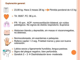  23,80 kg. Hace 2 meses 28 kg Pérdida ponderal de 4,5 kg
 TA: 99/67. FC: 96 p.m.
 FR: 16 rpm. ACP: normoventilación bilateral, sin ruidos
patológicos. No signos de distrés respiratorio. Eupneica
 Abdomen blando y depresible, sin masas ni visceromegalias,
no doloroso.
 Normocoloreada, sin exantemas o petequias.
 Relleno capilar < 2 seg. Frialdad manos y pies con buena
coloración.
 Labios secos y ligeramente hundidos, lengua pastosa.
 Signo del pliegue negativo, bien perfundida.
 Gorelick 2 – 3  Deshidratación leve- moderada
Exploración general:
 