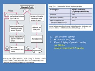   thickening of the glomerular  BM, glomerular hypertrophy, and mesangial volume expansion occur as the GFR returns to normal 5–10 yearsMicroalbuminuria is defined as 30–300 mg/d in a 24-h collection or 30–300 mg/mg creatinine in a spot collection 