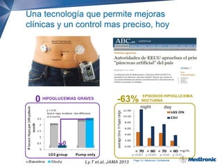 Una tecnología que permite mejoras
clínicas y un control mas preciso, hoy

0

HIPOGLUCEMIAS GRAVES

-63%

EPISODIOS HIPOGLUCEMIA
NOCTURNA

night

day

0
p <0.001

Ly.T et.al, JAMA 2013

p <0.001

p <0.02

Page 14 | Medtronic Confidential

p <0.01

 