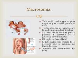 Macrosomía.
    
      Todo recién nacido con un peso
       mayor o igual a 4000 gramos al
       nacer.
      Trabajo excesivo del páncreas de
       la madre para producir insulina.
      No paso de la insulina por la
       placenta al contrario de la
       glucosa y otros nutrientes.
      Hiperglucemia en el bebé.
      El bebe recibe mas energía de lo
       necesario que se acumula en
       forma de grasa.
      Aumento del crecimiento del
       bebé.
 