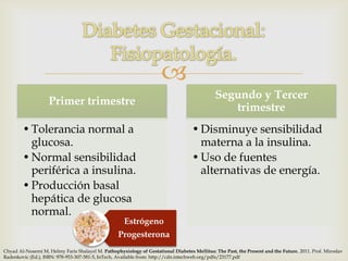 
                                                                                              Segundo y Tercer
                    Primer trimestre
                                                                                                 trimestre
        • Tolerancia normal a                                                      • Disminuye sensibilidad
          glucosa.                                                                   materna a la insulina.
        • Normal sensibilidad                                                      • Uso de fuentes
          periférica a insulina.                                                     alternativas de energía.
        • Producción basal
          hepática de glucosa
          normal.
                                                     Estrógeno
                                                   Progesterona
Chyad Al-Noaemi M, Helmy Faris Shalayel M. Pathophysiology of Gestational Diabetes Mellitus: The Past, the Present and the Future. 2011. Prof. Miroslav
Radenkovic (Ed.), ISBN: 978-953-307-581-5, InTech, Available from: http://cdn.intechweb.org/pdfs/23177.pdf
 