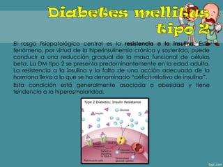 El rasgo fisiopatológico central es la resistencia a la insulina. Este
fenómeno, por virtud de la hiperinsulinemia crónica y sostenida, puede
conducir a una reducción gradual de la masa funcional de células
beta. La DM tipo 2 se presenta predominantemente en la edad adulta.
La resistencia a la insulina y la falta de una acción adecuada de la
hormona lleva a lo que se ha denominado ―déficit relativo de insulina‖.
Esta condición está generalmente asociada a obesidad y tiene
tendencia a la hiperosmolaridad.
 