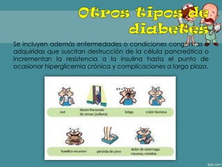 Se incluyen además enfermedades o condiciones congénitas o
adquiridas que suscitan destrucción de la célula pancreática o
incrementan la resistencia a la insulina hasta el punto de
ocasionar hiperglicemia crónica y complicaciones a largo plazo.
 