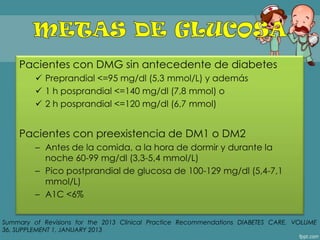 Pacientes con DMG sin antecedente de diabetes
 Preprandial <=95 mg/dl (5,3 mmol/L) y además
 1 h posprandial <=140 mg/dl (7,8 mmol) o
 2 h posprandial <=120 mg/dl (6,7 mmol)
Pacientes con preexistencia de DM1 o DM2
– Antes de la comida, a la hora de dormir y durante la
noche 60-99 mg/dl (3,3-5,4 mmol/L)
– Pico postprandial de glucosa de 100-129 mg/dl (5,4-7,1
mmol/L)
– A1C <6%
Summary of Revisions for the 2013 Clinical Practice Recommendations DIABETES CARE, VOLUME
36, SUPPLEMENT 1, JANUARY 2013
 