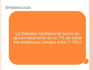 EPIDEMIOLOGÍA
La Diabetes Gestacional ocurre en
aproximadamente en un 7% de todos
los embarazos (rangos entre 1-14%)
 