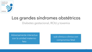 Los grandes síndromes obstétricos
Diabetes gestacional, RCIU y toxemia
10
medicina
materno
fetal
HNDAC
Adversamente interactua
con la unidad materno-
feto
sub-clinica a clinica con
compromiso fetal
 