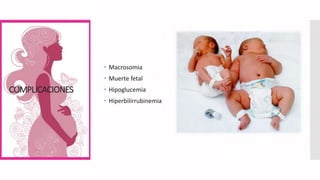 COMPLICACIONES
 Macrosomia
 Muerte fetal
 Hipoglucemia
 Hiperbilirrubinemia
 