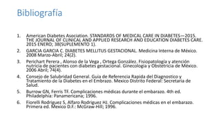 Bibliografía
1. American Diabetes Asociation. STANDARDS OF MEDICAL CARE IN DIABETES—2015.
THE JOURNAL OF CLINICAL AND APPLIED RESEARCH AND EDUCATION DIABETES CARE.
2015 ENERO; 38(SUPLEMENTO 1).
2. GARCIA GARCIA C. DIABETES MELLITUS GESTACIONAL. Medicina Interna de México.
2008 Marzo-Abril; 24(2).
3. Perichart Perera , Alonso de la Vega , Ortega González. Fisiopatología y atención
nutricia de pacientes con diabetes gestacional. Ginecologia y Obstetricia de México.
2006 Abril; 74(4).
4. Consejo de Salubridad General. Guia de Referencia Rapida del Diagnostico y
Tratamiento de la Diabetes en el Embrazo. Mexico Distrito Federal: Secretaria de
Salud.
5. Burrow GN, Ferris TF. Complicaciones médicas durante el embarazo. 4th ed.
Philadelphia: Panamericana; 1996.
6. Fiorelli Rodriguez S, Alfaro Rodriguez HJ. Complicaciones médicas en el embarazo.
Primera ed. Mexico D.F.: McGraw-Hill; 1996.
 