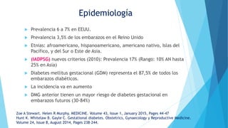  Prevalencia 6 a 7% en EEUU.
 Prevalencia 3,5% de los embarazos en el Reino Unido
 Etnias: afroamericano, hispanoamericano, americano nativo, Islas del
Pacífico, y del Sur o Este de Asia.
 (IADPSG) nuevos criterios (2010): Prevalencia 17% (Rango: 10% AN hasta
25% en Asia)
 Diabetes mellitus gestacional (GDM) representa el 87,5% de todos los
embarazos diabéticos.
 La incidencia va en aumento
 DMG anterior tienen un mayor riesgo de diabetes gestacional en
embarazos futuros (30-84%)
Epidemiología
Zoe A Stewart. Helen R Murphy. MEDICINE. Volume 43, Issue 1, January 2015, Pages 44–47
Hunt K. Whitelaw B. Gayle C. Gestational diabetes. Obstetrics, Gynaecology y Reproductive Medicine.
Volume 24, Issue 8, August 2014, Pages 238–244.
 