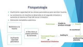  Insuficiente capacidad de las células pancreáticas para secretar insulina.
 La resistencia a la insulina se desarrolla en el segundo trimestre y
aumenta al máximo al final del tercer trimestre.
 Disfunción metabólica subclínica
Fisiopatología
el feto tiene un
amplio suministro
de nutrientes
Insuficiente
capacidad
pancreática
Resistencia a la
insulina
 