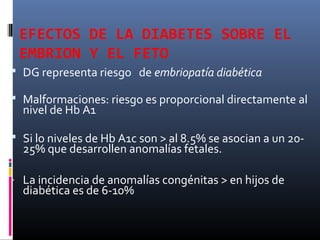 EFECTOS DE LA DIABETES SOBRE EL
EMBRION Y EL FETO
 DG representa riesgo de embriopatía diabética
 Malformaciones: riesgo es proporcional directamente al
nivel de Hb A1
 Si lo niveles de Hb A1c son > al 8.5% se asocian a un 20-
25% que desarrollen anomalías fetales.
- La incidencia de anomalías congénitas > en hijos de
diabética es de 6-10%
 