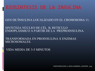 BIOSINTESIS DE LA INSULINA
 GEN DE ÍNSULINA LOCALIZADO EN EL CROMOSOMA 11.
 SINTETIZA NÚCLEO DE CÉL. B, RETICULO
ENDOPLÁSMICO A PARTIR DE LA PREPROINSULINA.
 TRANSFORMADA EN PROINSULINA X ENZIMAS
MICROSOMALES.
 VIDA MEDIA DE 3-5 MINUTOS
ENDOCRINOLOGÍA. A JARA ALBARRAN. 5 EDICIÓN. 2005
 