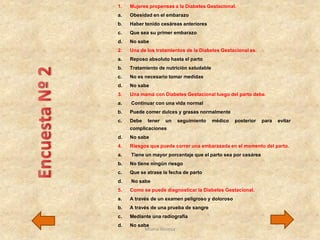 1. Mujeres propensas a la Diabetes Gestacional.
a. Obesidad en el embarazo
b. Haber tenido cesáreas anteriores
c. Que sea su primer embarazo
d. No sabe
2. Una de los tratamientos de la Diabetes Gestacional es.
a. Reposo absoluto hasta el parto
b. Tratamiento de nutrición saludable
c. No es necesario tomar medidas
d. No sabe
3. Una mamá con Diabetes Gestacional luego del parto debe.
a. Continuar con una vida normal
b. Puede comer dulces y grasas normalmente
c. Debe tener un seguimiento médico posterior para evitar
complicaciones
d. No sabe
4. Riesgos que puede correr una embarazada en el momento del parto.
a. Tiene un mayor porcentaje que el parto sea por cesárea
b. No tiene ningún riesgo
c. Que se atrase la fecha de parto
d. No sabe
5. Como se puede diagnosticar la Diabetes Gestacional.
a. A través de un examen peligroso y doloroso
b. A través de una prueba de sangre
c. Mediante una radiografía
d. No sabe
Miana Vanesa
 