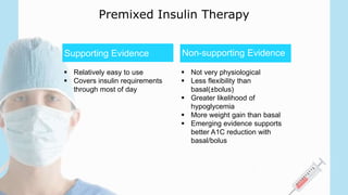  Relatively easy to use
 Covers insulin requirements
through most of day
 Not very physiological
 Less flexibility than
basal(±bolus)
 Greater likelihood of
hypoglycemia
 More weight gain than basal
 Emerging evidence supports
better A1C reduction with
basal/bolus
Premixed Insulin Therapy
Supporting Evidence Non-supporting Evidence
 