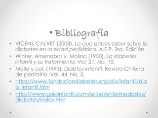 • Bibliografía 
• VICENS-CALVET (2008). Lo que debes saber sobre la 
diabetes en la edad pediátrica. A.E.P. 3ra. Edición. 
• Winter, Amenabar y Molina (1950). La diabetes 
infantil y su tratamiento. Vol. 21, No. 10. 
• Mella y col. (1993). Diabtes infantil. Revista Chilena 
de pediatría. Vol. 44, No. 3. 
• https://www.fundaciondiabetes.org/div/infantil/dia 
b_infantil.htm 
• http://www.guiainfantil.com/salud/enfermedades/ 
diabetes/index.htm 
